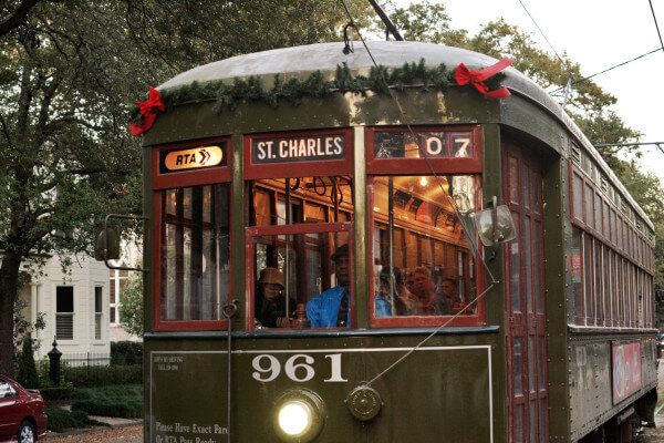 A streetcar decorated for the season on St. Charles Avenue. (Photo: Paul Broussard)